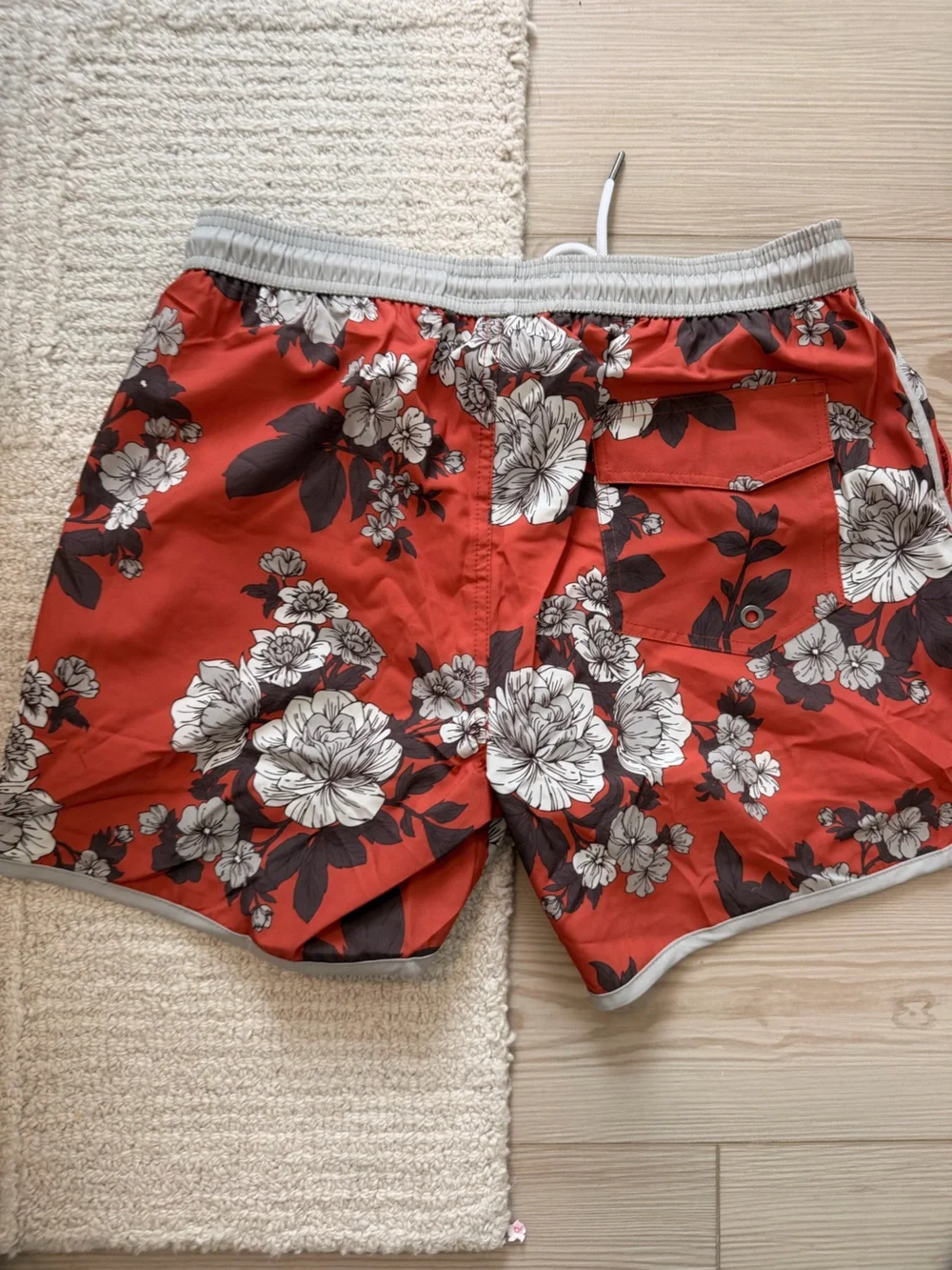 Men’s Floral Swim Trunks in Rust Red with Grey Trim